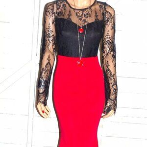 Windsor Black Red Lace Goth Maxi Dress S